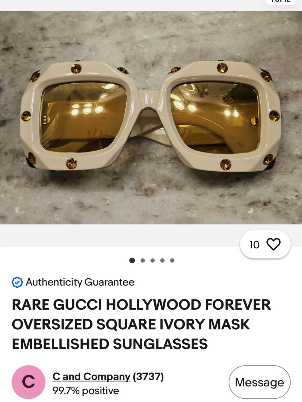 Gucci Ivory Oversized Square Sunglasses with Amber Crystals